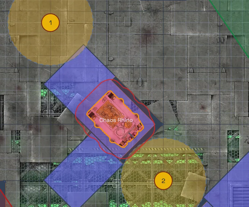 The same Chaos Rhino standing on the planner board with hull outline and engagement range