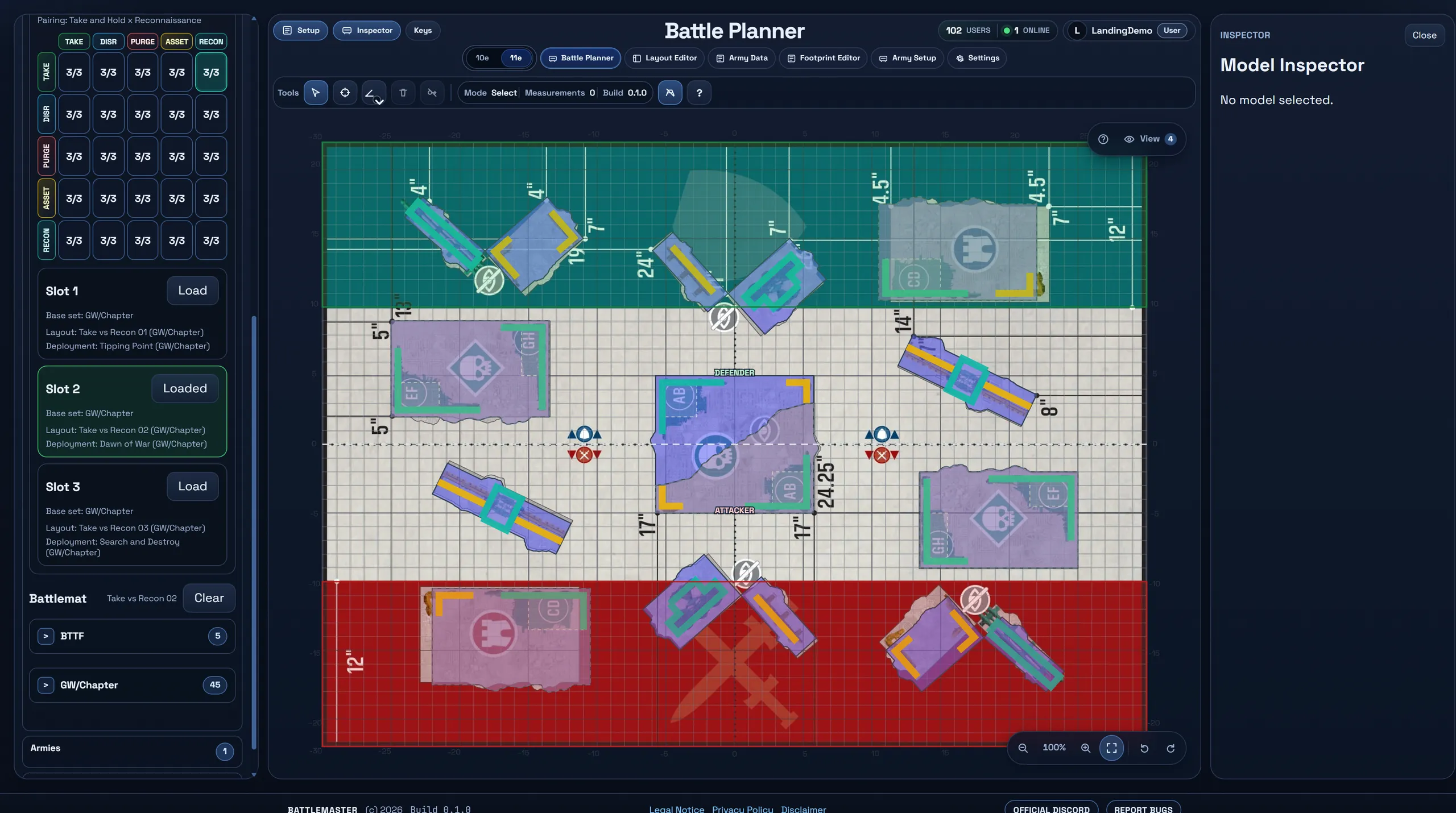 Battle Planner in 11th edition mode with the Chapter Approved pairing matrix and a dimensioned tournament layout on the board