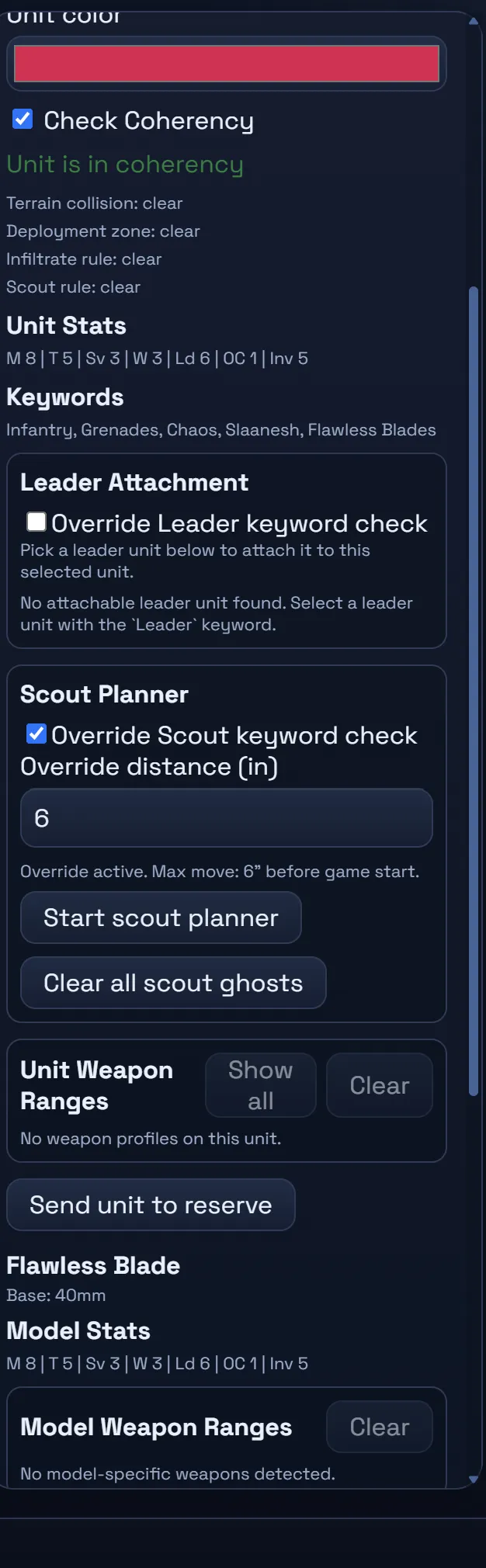 Model inspector reporting coherency, unit stats, keywords, leader attachment and the scout planner