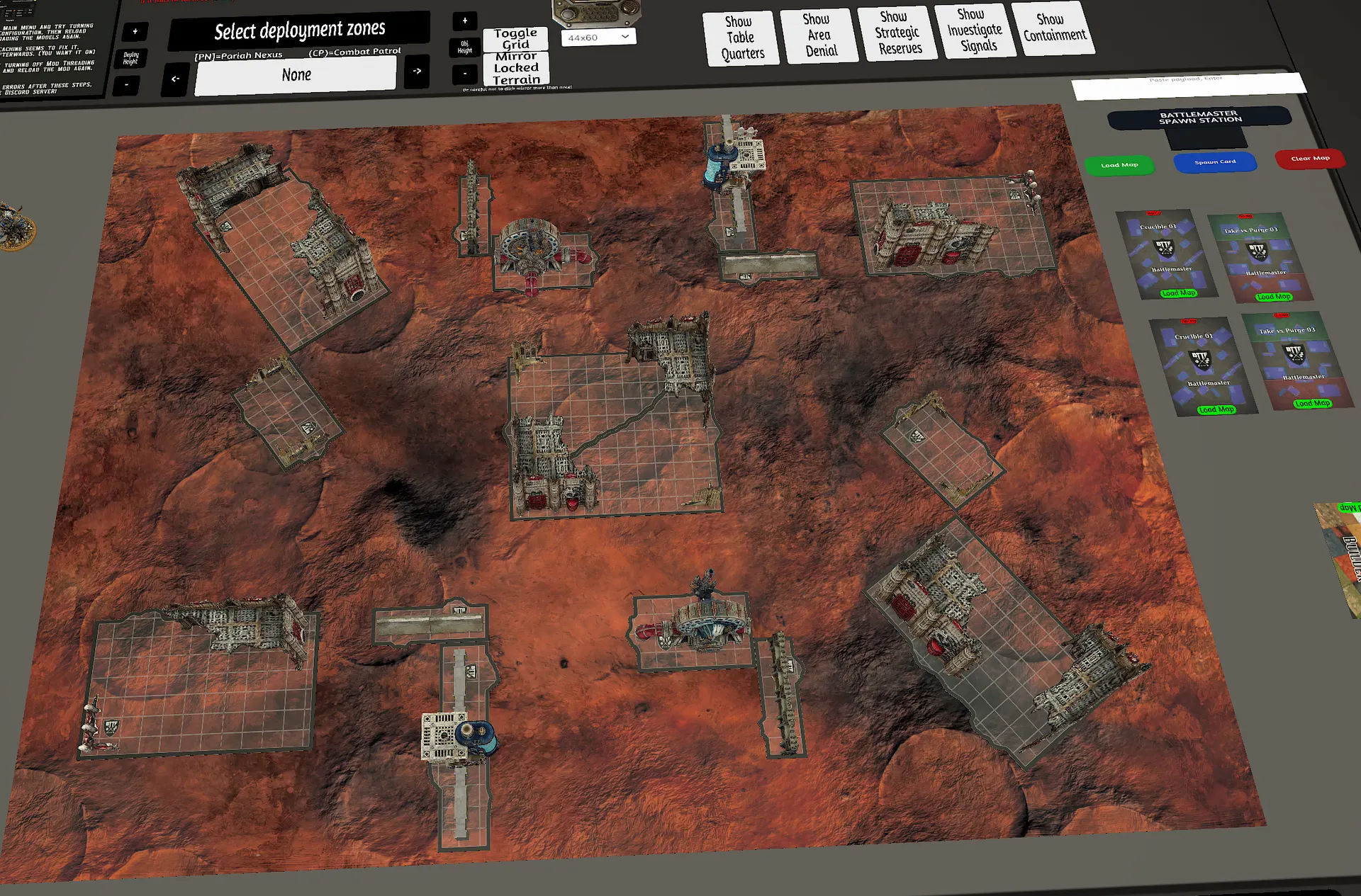 The Battlemaster Spawn Station in Tabletop Simulator with map cards and a fully spawned Chapter Approved board on a Mars battlemat